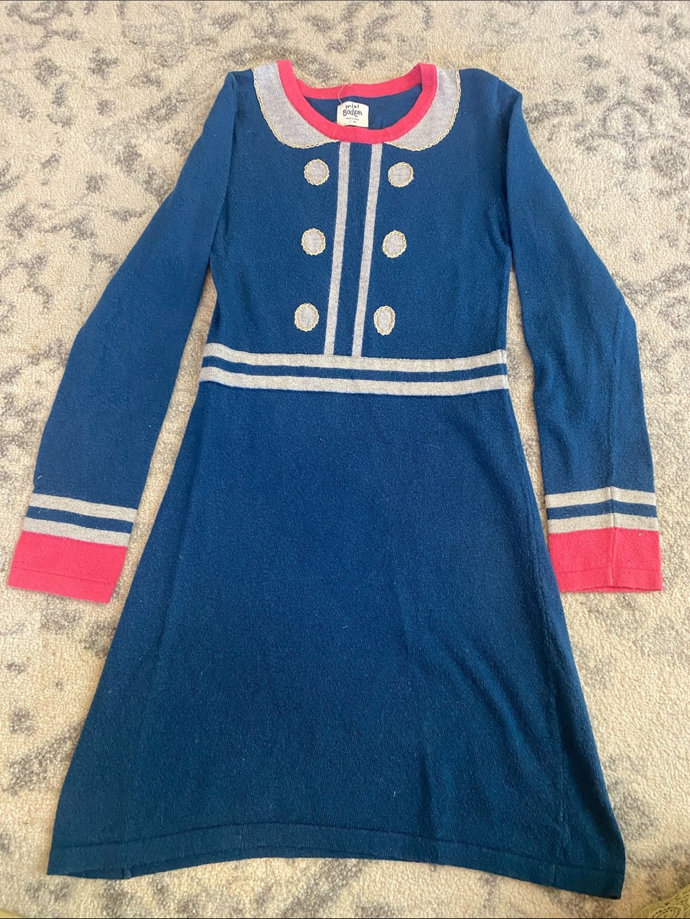 Mini Boden Navy Dress with Pink Trim and Cream Stripes